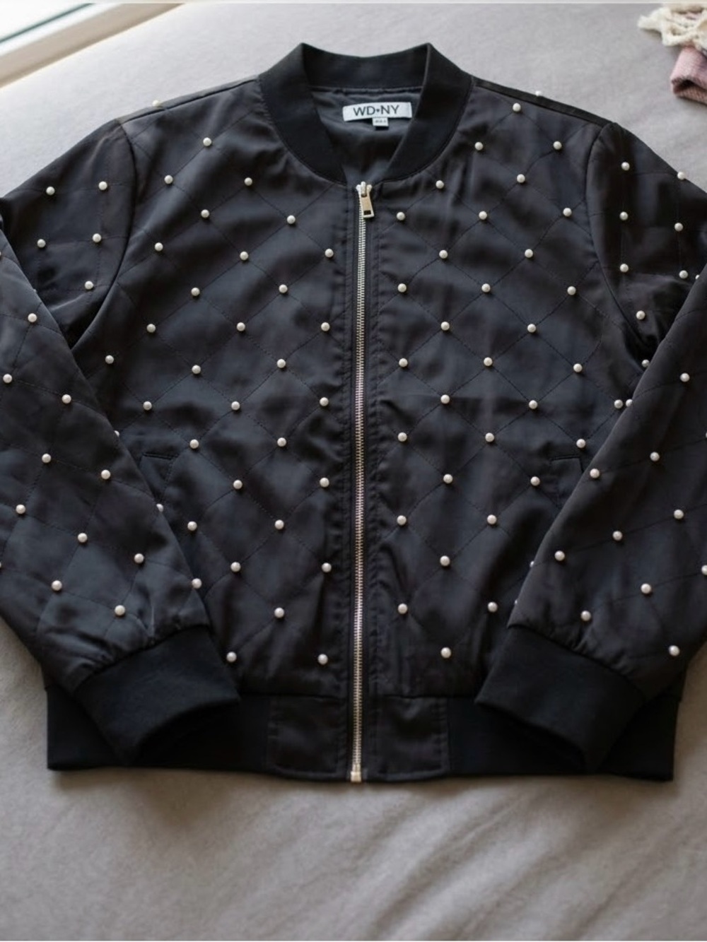 WD.NY Black Bomber Jacket with Pearl-Like Stud Detailing